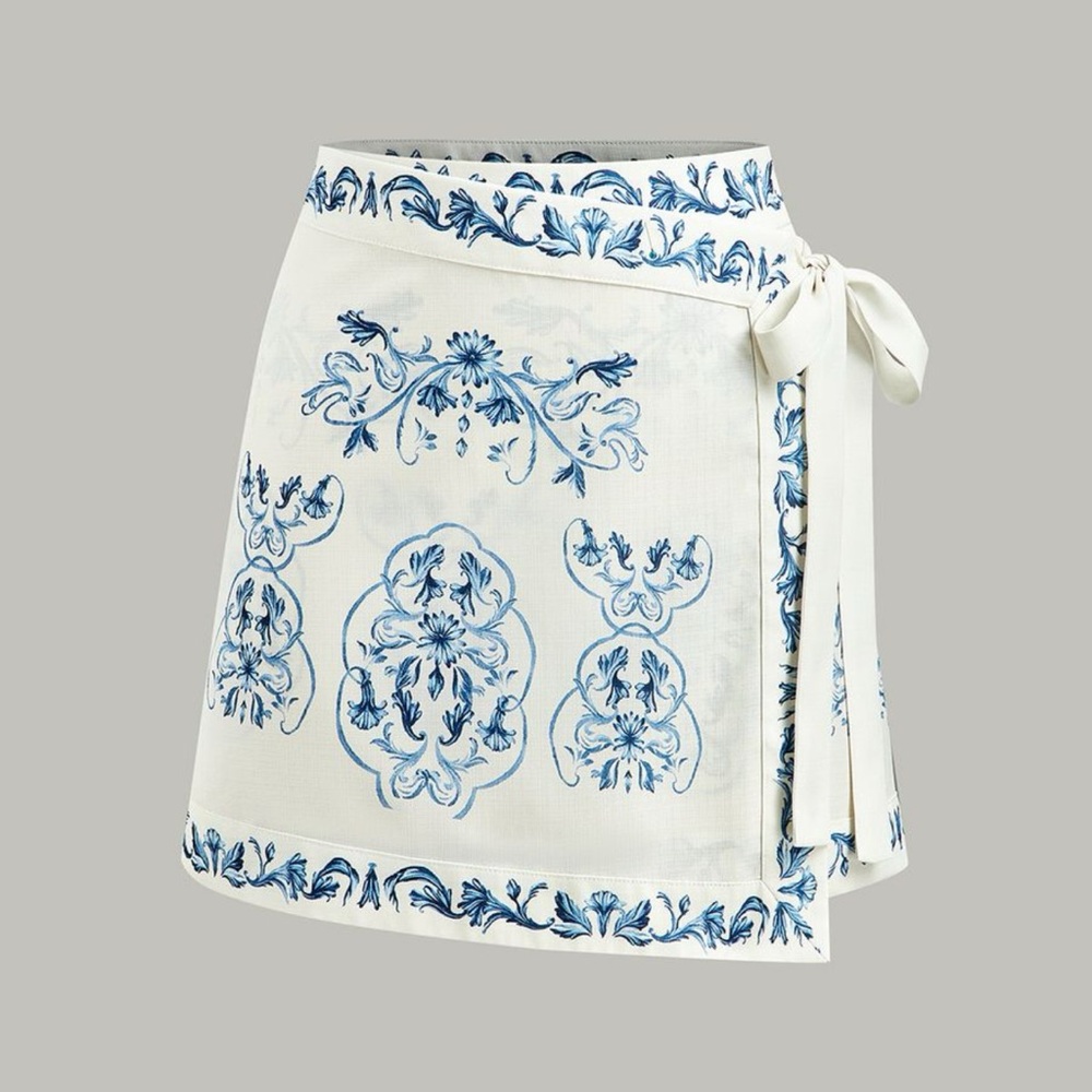 White Wrap Skirt with Blue Floral Medallion Print